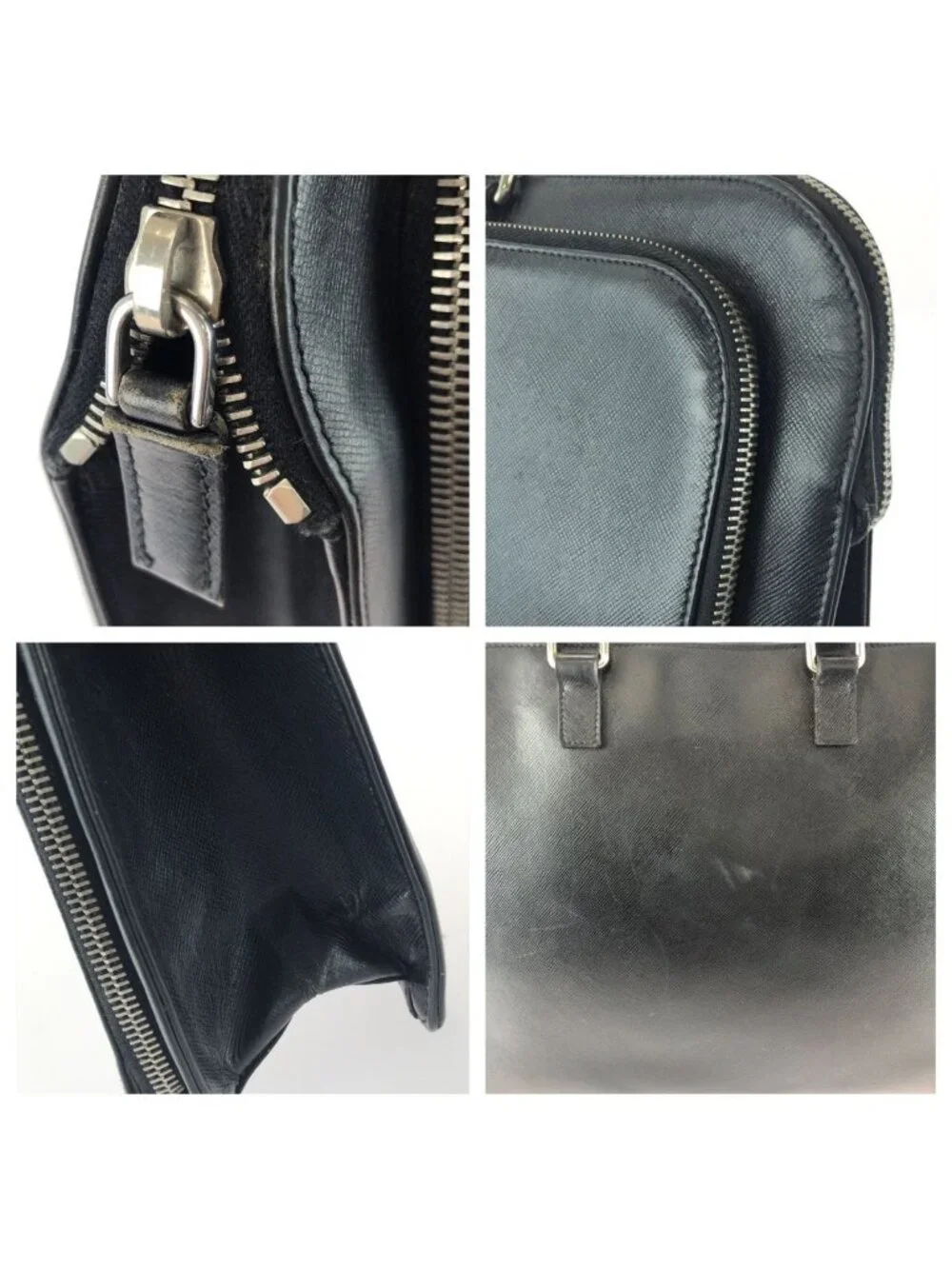 Prada Saffiano Black Silver Leather Business Briefcase
